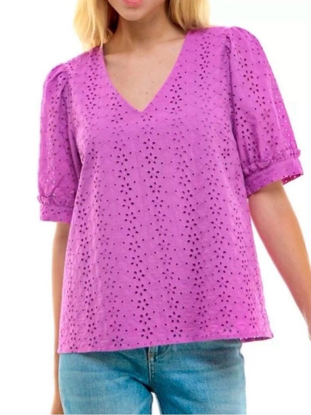 Draper James Women's V-Neck Puff Short Sleeve Top Purple size L